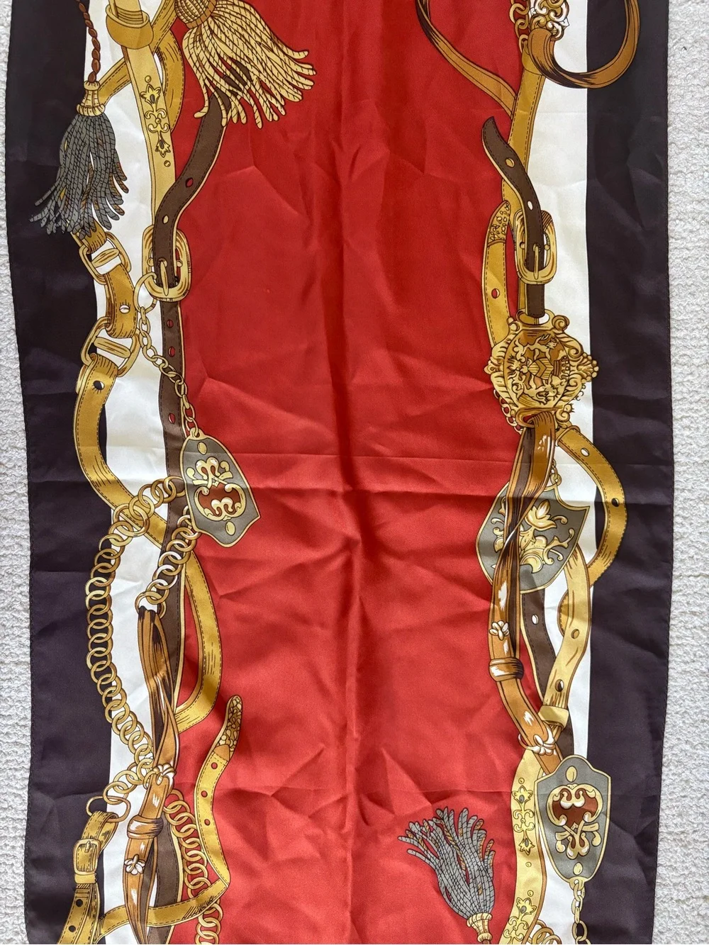 Talbots 100% Silk Equestrian Scarf Brown Red Gold Carriage Print